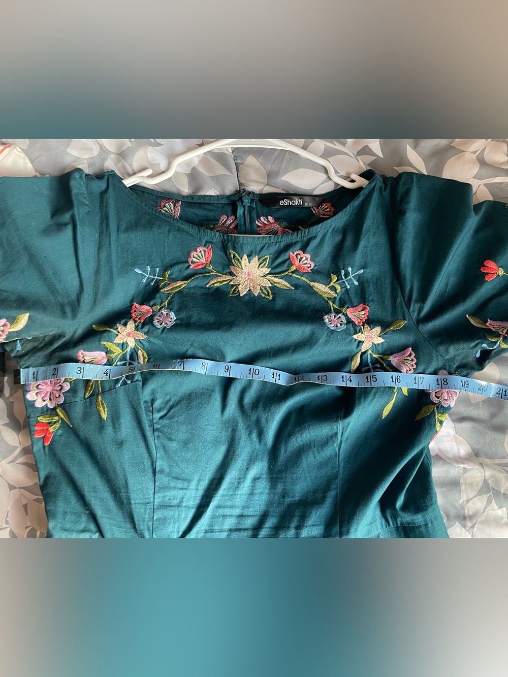 eshakti Teal Green Embroidered Midi Dress with Puff Sleeves - Picture 6 of 8